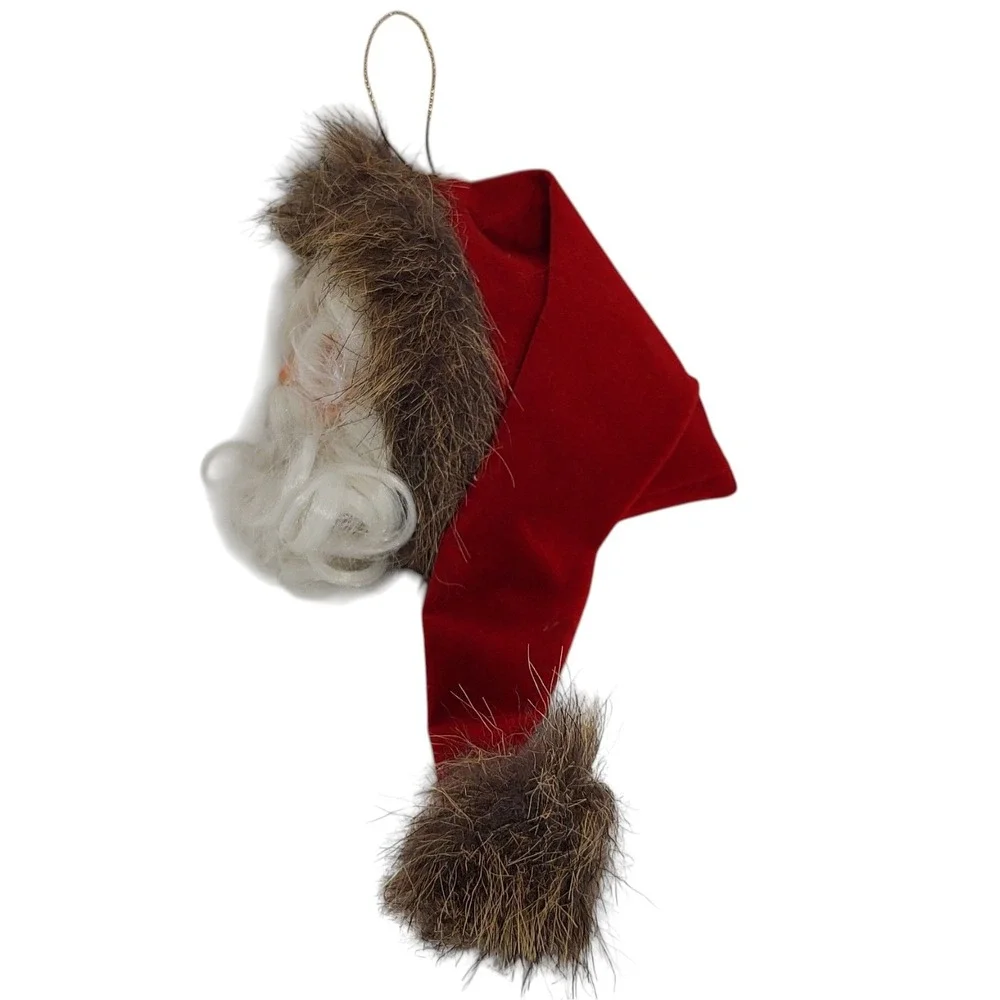 Vintage Santa Claus Head Ornament with Lush Beard Long Velvet Hat Faux Fur Hangs